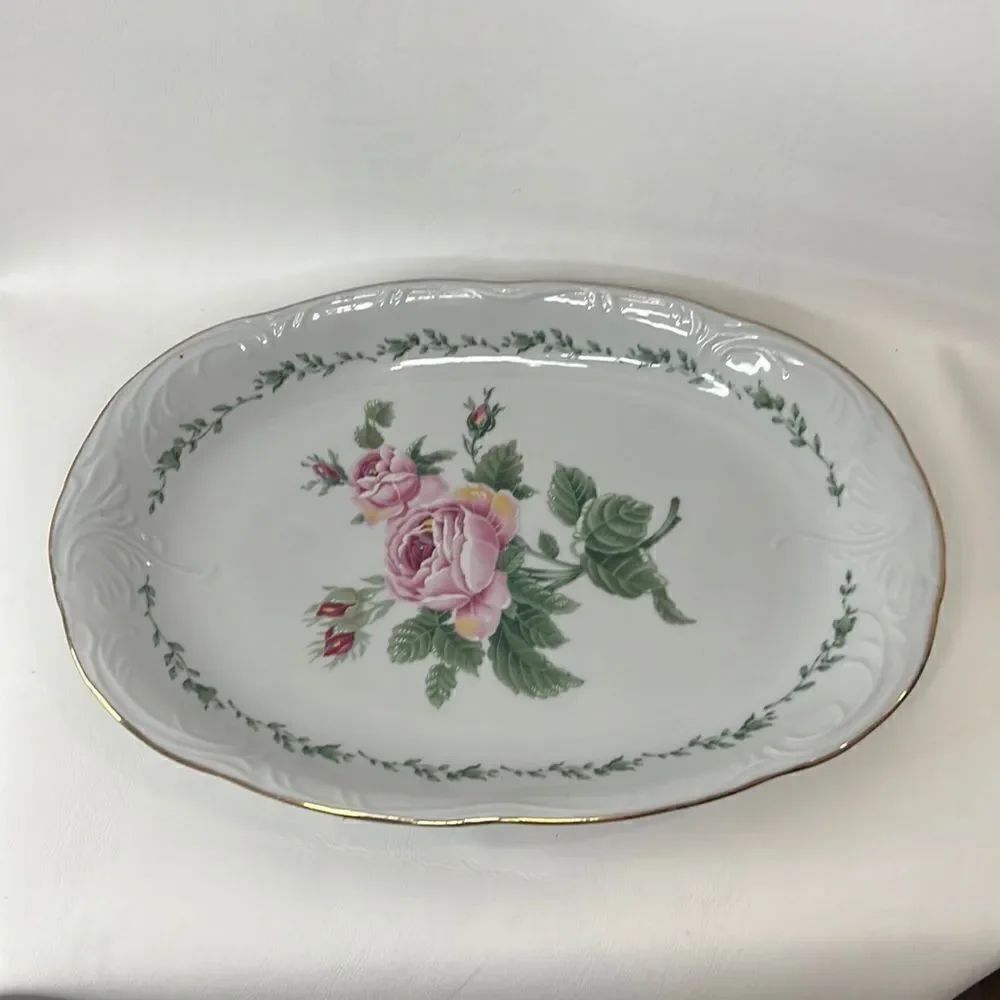 Gibson Housewares Serving Platter Gold Trimmed Floral Pink Roses Victorian 13 X9